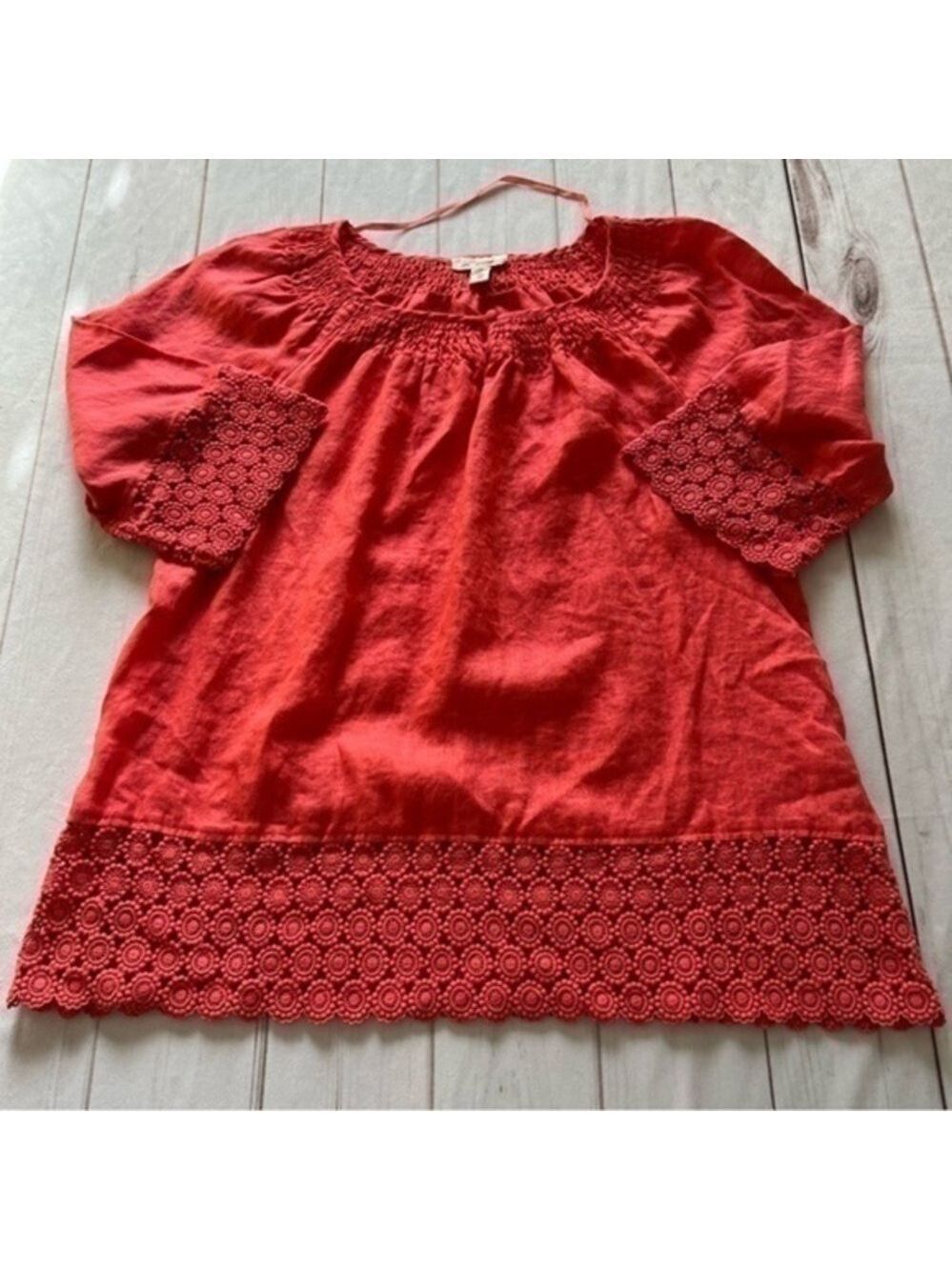 Charter club luxury 100% linen women’s embroidered top 1X Coral Pink BoHo